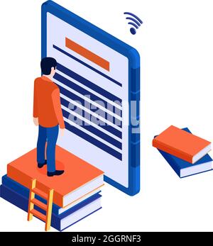 Isometrisches Online-Bibliothekskonzept mit E-Book-Büchern und menschlichen Zeichenvektoren Stock Vektor