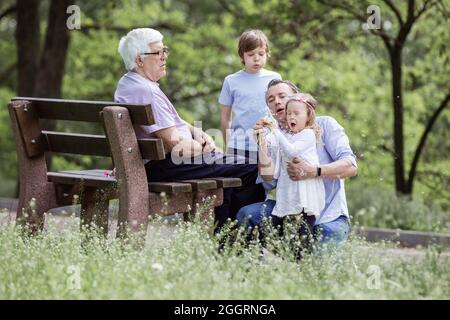 Drei Generationen Familie im Sommerpark: Großvater auf der Bank sitzend, Vater und Enkel. Vater und Tochter blasen die Samen von Dandelion. Stockfoto