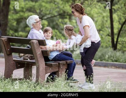 Drei Generationen Familie im Sommerpark: Großvater, Mutter und Enkel. Glückliche Familie im Freien. Stockfoto