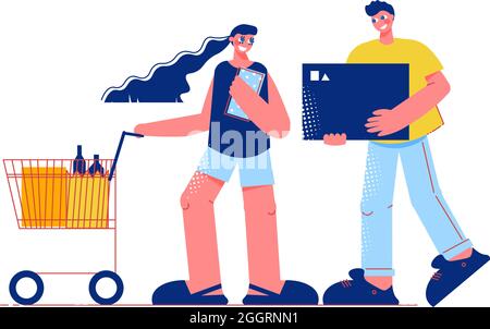Familie einkaufen flache Zusammensetzung mit Zeichen des Mannes, der Box und Frau mit Trolley-Wagen Vektor-Illustration Stock Vektor