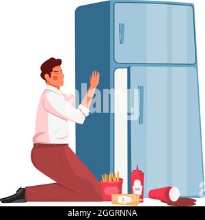 Völlerei flaches Konzept mit Mann umarmt Kühlschrank mit Junk Food auf dem Boden Vektor-Illustration Stock Vektor