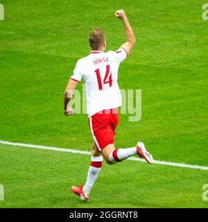 Warschau, Polen. September 2021. Adam Buksa aus Polen feiert den Torreigen beim Spiel der FIFA-Weltmeisterschaft 2022 in der Qualifikationgruppe I zwischen Polen und Albanien am 2. September 2021 im PGE-Nationalstadion in Warschau, Polen (Foto von Andrew SURMA/ Quelle: SIPA USA/Alamy Live News Stockfoto