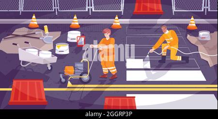 Straßenmarkierung flache Zusammensetzung Arbeiter setzen Farbe auf Asphalt Markierungen für Autofahrer und Fußgänger Vektor-Illustration Stock Vektor