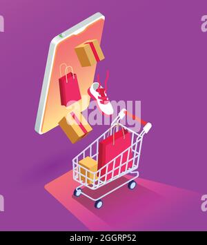 Online-Verkauf buntes Poster mit abstrakter Komposition bestehend aus Käufen im Warenkorb und Smartphone isometrische Vektor-Illustration Stock Vektor