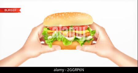 Burger in Händen realistische Komposition mit Textband und menschlichen Händen halten Runde Cheeseburger Brot Sandwich Vektorgrafik Stock Vektor