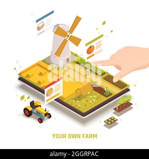 Landwirtschaft landwirtschaftliche mobile Computer-Spiele mit Ernte Kulturen Anbau Gemüse Huhn Pen Traktor Windmühle isometrische Vektor-Illustration Stock Vektor