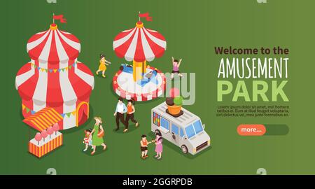 Willkommen im Vergnügungspark horizontale Banner mit Karussell Eis LKW-Stand mit Zuckerwatte Zirkus glückliche Menschen isometrische Vektor-Illustration Stock Vektor