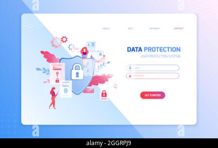Landing Page der Datenschutz-Website mit flachen Symbolen anklickbare Links bearbeitbarer Text-Login und Passwort-Vektor-Illustration Stock Vektor