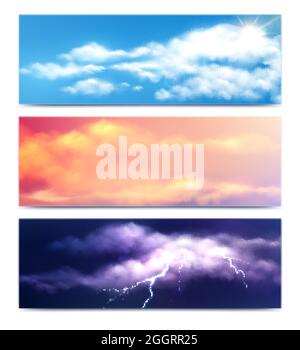 Set aus drei horizontalen Wolken-Bannern mit realistischen Naturansichten von klarem, staubigen und stürmischen Himmel Vektorgrafik Stock Vektor