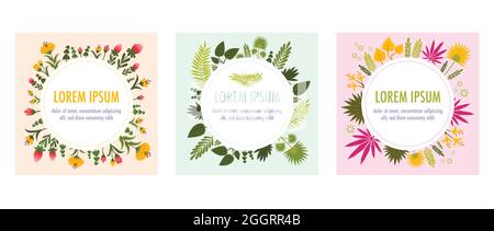 Runde Rahmen Pflanzen flache Symbol mit verschiedenen Blättern Blumen und Farben und Platz für Text in der Mitte der Kreis Vektor-Illustration gesetzt Stock Vektor