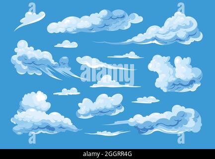 Satz von verschiedenen Formen Cirrus und Cumulus isoliert Cartoon-Wolken auf blauem Hintergrund flache Vektor-Illustration Stock Vektor