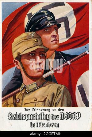 Ein Vintage-Plakat für die jährliche Nazi-Nürnberger Kundgebung mit SA- und SS-Mitgliedern Stockfoto