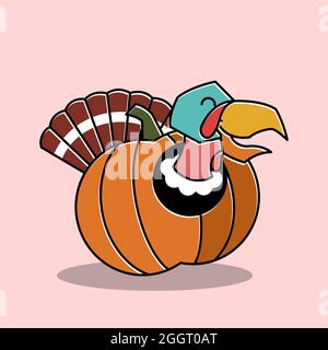 Glücklicher Truthahn Vogel Hahn Im Kürbis Thanksgiving Charakter Cartoon Stock Vektor