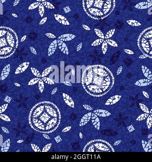 Vektor blau Shibori Quilt abstrakte Blume und runden Kreis nahtlose Muster mit Terrazzo Hintergrund 03. Geeignet für Textilien, Geschenkpapier und Tapeten Stock Vektor