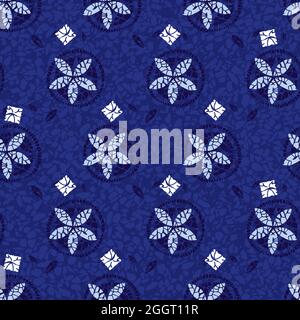 Vektor blau Shibori Quilt abstrakte Blume und runden Kreis nahtlose Muster mit Terrazzo Hintergrund 05. Geeignet für Textilien, Geschenkpapier und Tapeten Stock Vektor