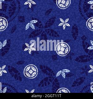 Vektor blau Shibori Quilt abstrakte Blume und runden Kreis nahtlose Muster mit Terrazzo Hintergrund 04. Geeignet für Textilien, Geschenkpapier und Tapeten Stock Vektor