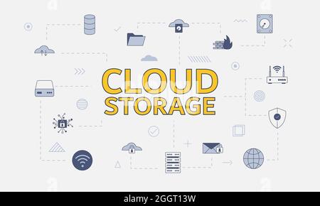 Cloud-Speicherkonzept mit Symbolsatz mit großem Wort oder Text auf Vektorgrafik in der Mitte Stockfoto