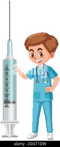 Ein Arzt mit einer Impfstoffspritze auf weißem Hintergrund Stock Vektor