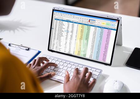 Frau, Die Mit Elektronischen Tabellenberichten Auf Dem Bildschirm Arbeitet Stockfoto