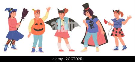 Halloween Kinder im Halloween Party Kostüm, flache Vektor-Illustration isoliert auf weißem Hintergrund. Fröhliche Jungen und Mädchen feiern Feiertage. Stock Vektor