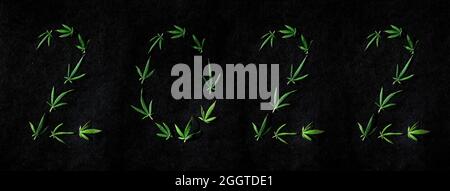 Muster von Cannabisblättern in Form von Zahlen 2021 auf dunklem Hintergrund. Das Konzept eines neuen Jahres. Flach liegend. Hintergrund der Cannabispflanze. Kopieren Sie den SPAC Stockfoto