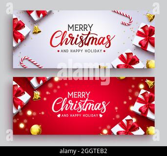 Fröhliche weihnachten Vektor-Banner-Set. Frohe Weihnachten Grußtext mit Geschenken, Süßigkeiten Stöcke, Glocken und Kugeln Elemente für Weihnachten Saison Karte Design. Stock Vektor