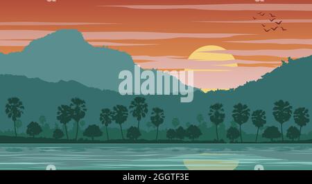 Silhouette Landschaft der Landschaft von Asien auf tropischem Gebiet mit Palmen und dem Fluss, Vektor-Illustration Stock Vektor