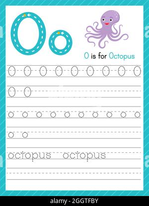 Trace Letter O Groß- und Kleinschreibung. Alphabet Tracing Praxis Vorschule Arbeitsblatt für Kinder Englisch lernen mit niedlichen Cartoon Tier. Aktivität pag Stock Vektor