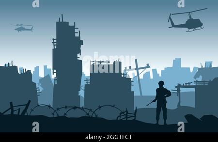 Silhouette Design des Soldaten stehen und halten Waffe in der Stadt nach dem Krieg, Vektor-Illustration Stock Vektor