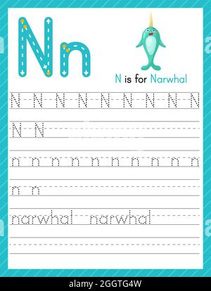 Trace Letter N in Groß- und Kleinbuchstaben. Alphabet Tracing Praxis Vorschule Arbeitsblatt für Kinder Englisch lernen mit niedlichen Cartoon Tier. Aktivität pag Stock Vektor