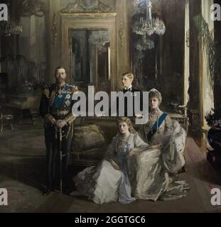 Die königliche Familie im Buckingham Palace, 1913. Porträt von John Lavery (1856-1941). Öl auf Leinwand (340,3 x 271,8 cm), 1913. König Georg V. (1865-1936), Prinzessin Mary, Gräfin von Harewood (1897-1965), Prinz Edward, Herzog von Windsor und zukünftiger Edward VIII (1894-1972) und Königin Mary (1867-1953). Details. National Portrait Gallery. London, England, Vereinigtes Königreich. Stockfoto