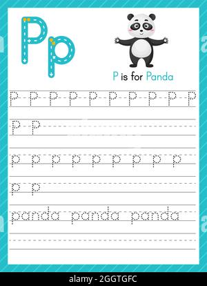 Trace-Buchstabe P in Groß- und Kleinbuchstaben. Alphabet Tracing Praxis Vorschule Arbeitsblatt für Kinder Englisch lernen mit niedlichen Cartoon Tier. Aktivität pag Stock Vektor