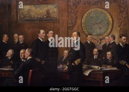Marineoffiziere des Ersten Weltkriegs Gemälde von Arthur Stockdale Cope (1857-1940). Öl auf Leinwand (264,1 x 514,4 cm), 1921. Details. National Portrait Gallery. London, England, Vereinigtes Königreich.