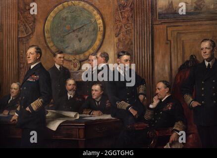 Marineoffiziere des Ersten Weltkriegs Gemälde von Arthur Stockdale Cope (1857-1940). Öl auf Leinwand (264,1 x 514,4 cm), 1921. Details. National Portrait Gallery. London, England, Vereinigtes Königreich.