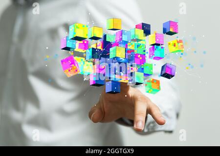 Person, die ein 3D-Rendering von polygonalen Drahtgartentechniken präsentiert – Cloud-Technologie Stockfoto