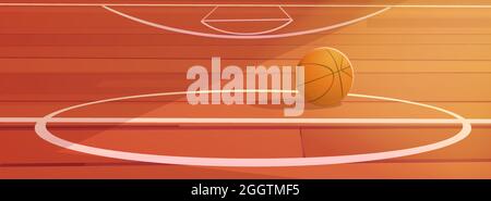 Basketballball auf dem Boden des Schulgymnasiums aus Holz mit weißem Aufdruck. Innenhof, Sportarena oder Halle für Mannschaftsspiele, Hallenstadion mit Sonnenlicht beleuchtet, Cartoon-Vektor-Illustration Stock Vektor
