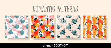 Romantisches Liebesmuster. Eine Reihe von Mustern im gleichen Stil. Digitalpapier zum Valentinstag. Kinder-Textildesign. Nahtloses Design. Herzmuster. Stock Vektor
