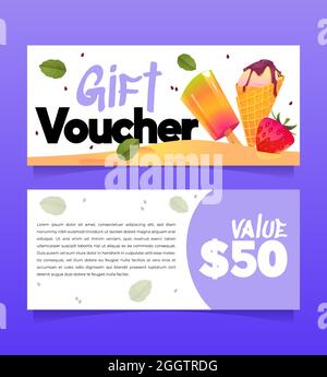 Geschenkgutschein-Vorlage mit Eisschilderung und Wert. Vektor-Gutschein für Süßgeschäft, Café oder Gelateria mit Cartoon Popsicle und Eis in Wafer-Kegel. Promo-Flyer mit Geschenk Stock Vektor
