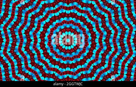 Cyan Blume auf rosa Stern Hintergrund. Detailreiche Tapete mit vielen Kreisen, Quadraten und dekorativen Blumen in Reihen und Säulen in rosa und einem leuchtenden Exus Stockfoto