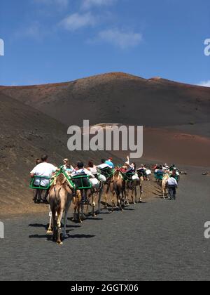 LANZAROTE, SPANIEN - 18. JANUAR 2018: Touristen, die Kamelfahrten im berühmten Nationalpark Timanfaya auf der Vulkaninsel Lanzarote in Spanien Unternehmen Stockfoto