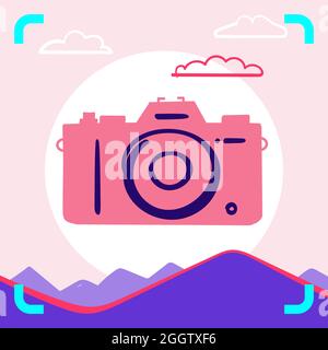 Landschaftsfotografie Cartoon-Emblem mit Digitalkamera und Berge bei Sonnenuntergang, Rahmen Ecken enthalten Stock Vektor