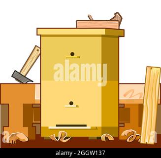 Machen und reparieren Bienenstöcke. Service Bienenzucht Tischlerwerkstatt. Fertigung auf Bestellung. Flacher Style. Markenlogo. Isoliert auf weißem Hintergrund. Vektor. Stock Vektor