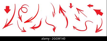 Mega-Set aus verschiedenen roten handgezeichneten Pfeilen, Tinte, Pinsel-Stil, auf Weiß Stock Vektor