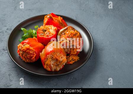 Hausgemachter Pfeffer, gefüllt mit Fleisch und Reis auf dunkelgrau-blauem Hintergrund. Stockfoto