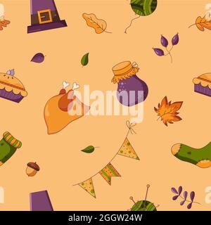 Nahtloses Muster des Dankes-Tages in flachem Stil isoliert auf orangefarbenem Hintergrund. Hintergrund und Struktur des Feierns mit der Familie. Stock Vektor