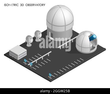 Isometric Observatory und Planetarium Gebäude. Station für die Beobachtung von Raum, Sternen und Planeten des Sonnensystems. Weltraumforschung. Realistischer 3D-Vektor Stock Vektor