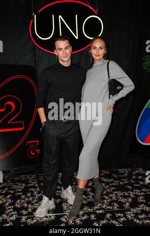 Potsdam, Deutschland. September 2021. Elena Carriere und Freund Bjarki kommen bei der UNO an und spielen für eine Wohltätigkeitsveranstaltung im Soho House. Quelle: Gerald Matzka/dpa/Alamy Live News Stockfoto