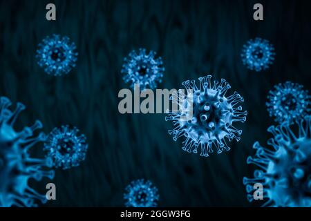 3D-Rendering: Corona-Virus - Schematische Darstellung von Viren der Corona-Familie in blauer Farbe. Selektiver Fokus Stockfoto