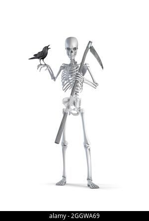 Grim Reaper Skelett - 3D-Illustration von männlichen menschlichen Skelett Todesfigur hält Sense und schwarze Krähe isoliert auf weißem Studio-Hintergrund Stockfoto