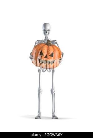 Halloween Kürbis Skelett - 3D-Illustration der männlichen menschlichen Skelett Figur mit großen geschnitzten grinsenden Jack o'Laterne isoliert auf weißem Studio Rücken Stockfoto